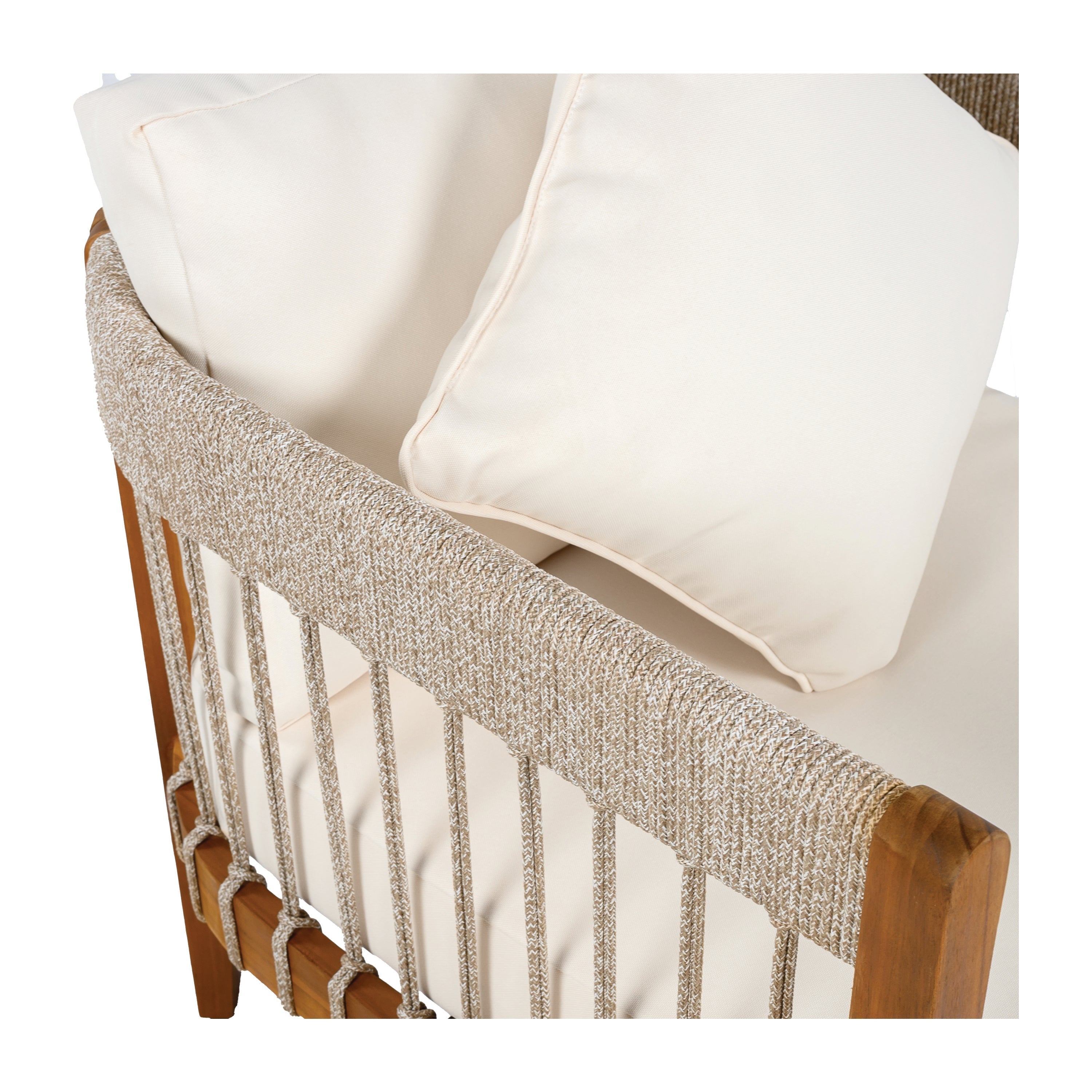 Acacia Wood Outdoor Club Chair with Handwoven Rope Accents & Curved Backrest