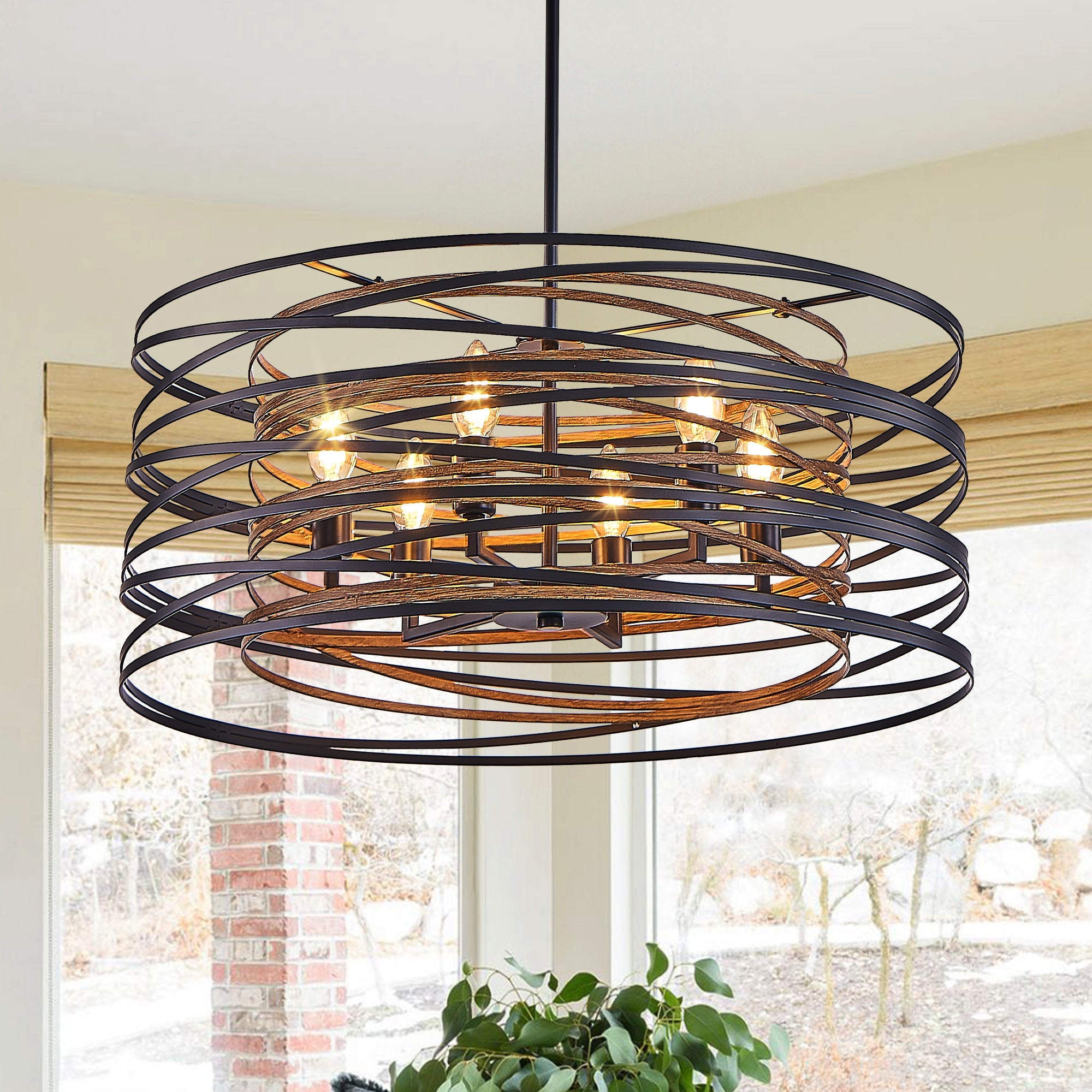 24" Rustic Industrial Black and Walnut Metal Cage Chandelier