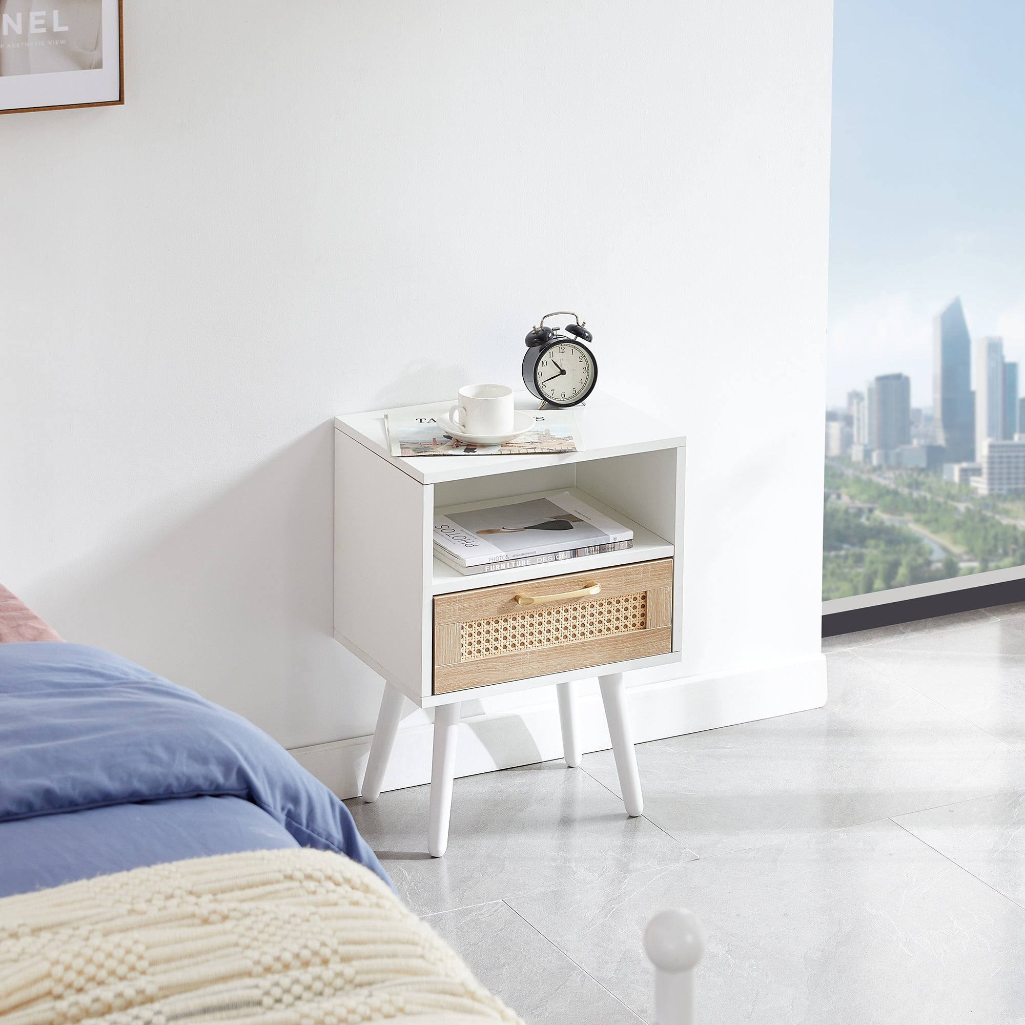 15.75" Rattan End table with drawer and solid wood legs Modern nightstand side table for living room white