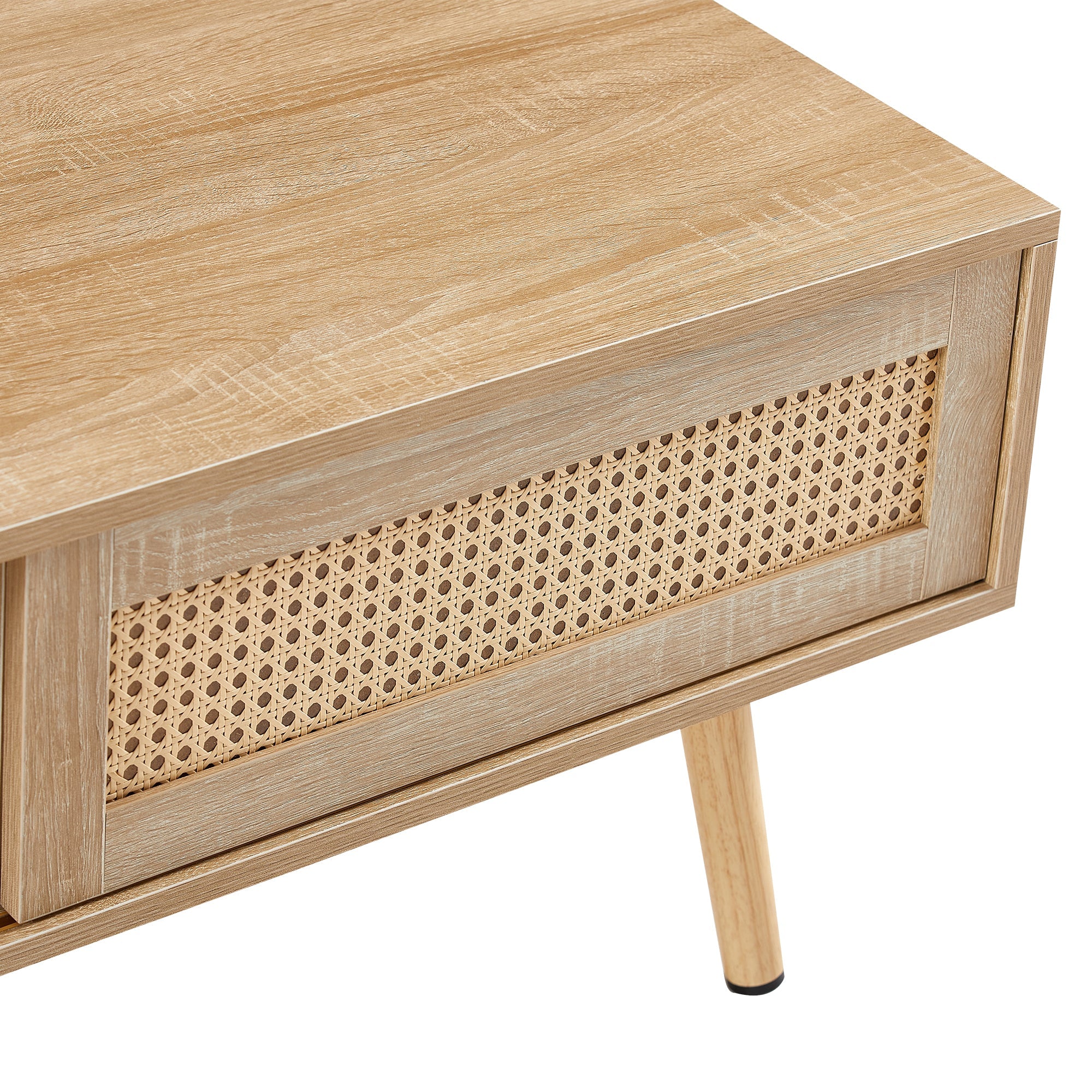 41.34" Rattan Coffee table sliding door for storage solid wood legs Modern table for living room natural