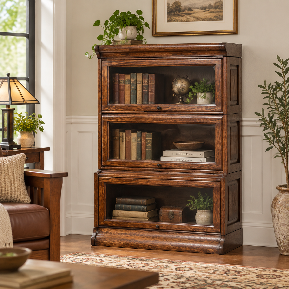Mission 3 Stack Oak Barrister Bookcase - Beveled Glass
