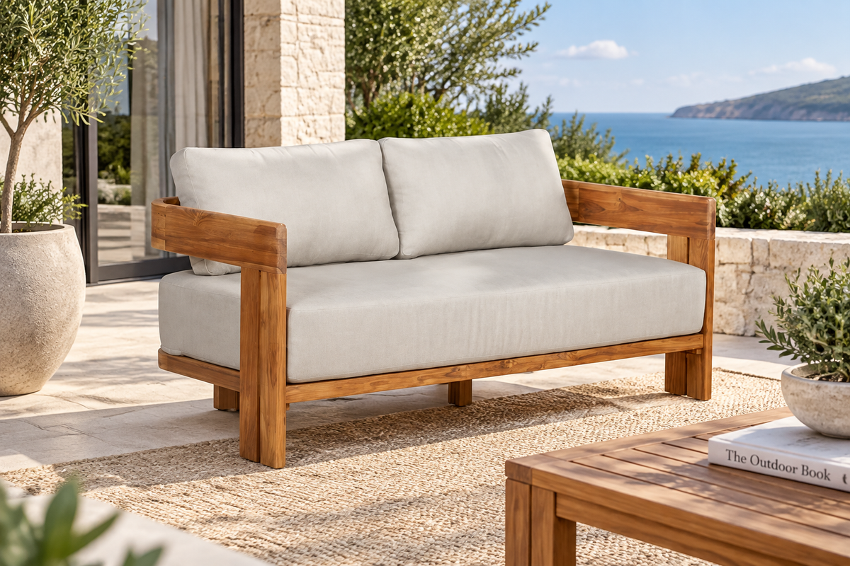 Paradiso Outdoor Solid Teak Wood Love seat - Gray Fabric
