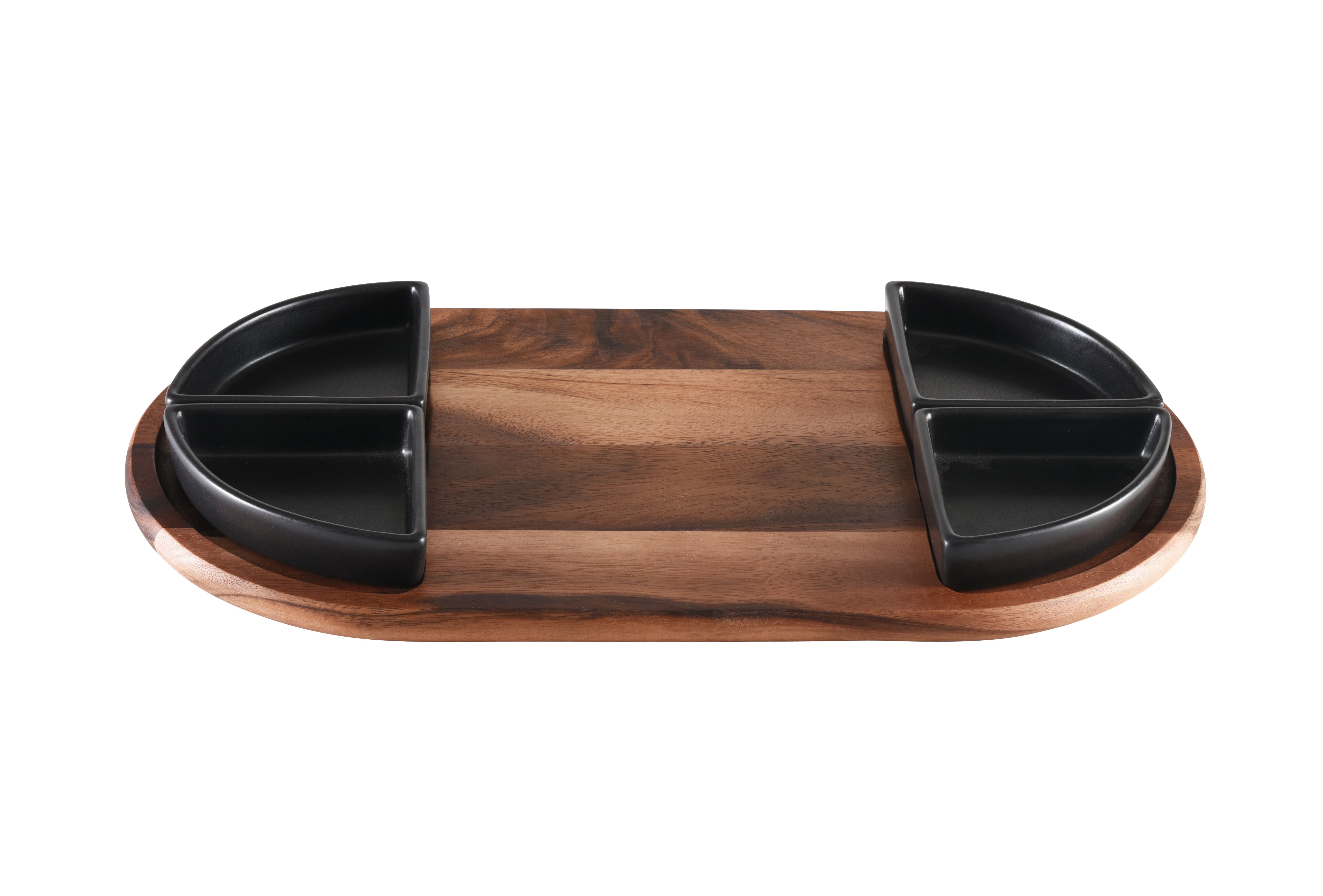 Charcuterie / Serving Tray w/ 4 Triangular Ceramic Bowls