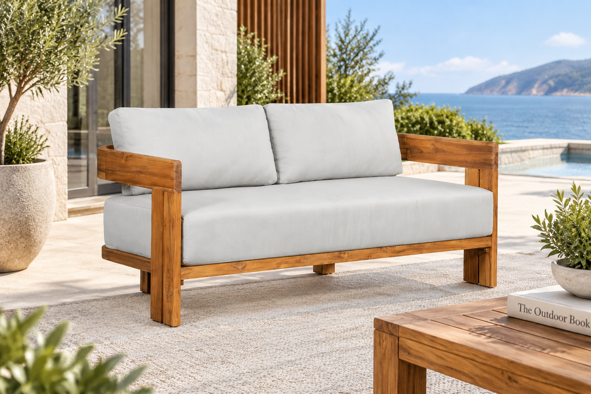 Paradiso Outdoor Solid Teak Wood Love seat - Light Gray Fabric