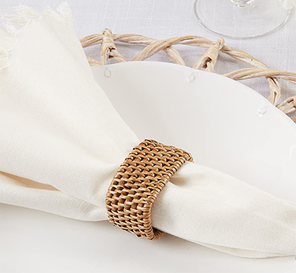 Fennco Styles Rustic Woven Oval Rattan Napkin Rings, Set of 4 - White Handmade Napkin Holders for Home, Farmhouse Décor, Banquets, Family Gathering and Special Occasion
