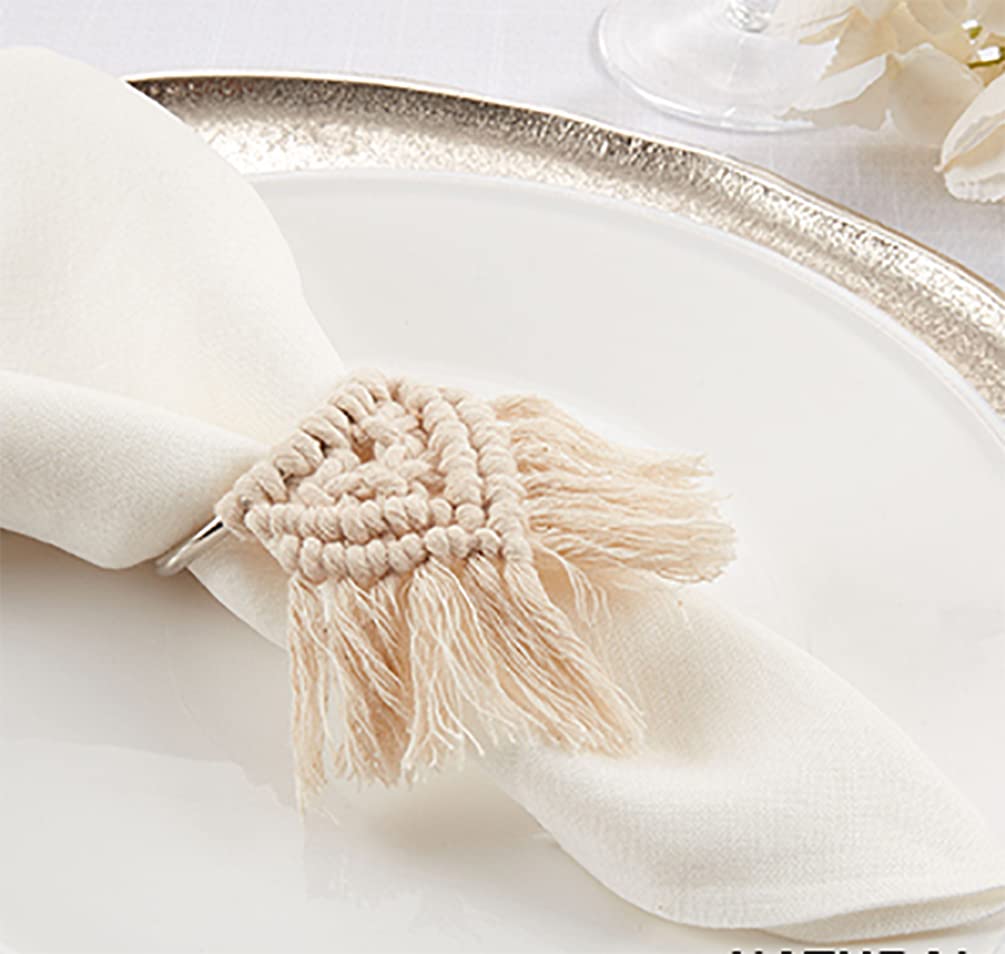Fennco Styles Handmade Cotton Braided Tassel Napkin Rings, Set of 4 - Rustic Napkin Holders for Home, Dining Table, Banquets, Farmhouse Décor, Holidays and Special Events