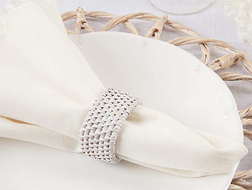 Fennco Styles Rustic Woven Oval Rattan Napkin Rings, Set of 4 - White Handmade Napkin Holders for Home, Farmhouse Décor, Banquets, Family Gathering and Special Occasion