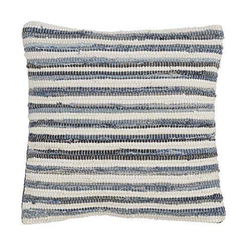 Gênes Collection Bohemian Tasseled Chindi 100% Pure Cotton 18 x 18 Inch Throw Pillow with Case & Insert – Denim Accent Pillow for Couch, Bedroom and Living Room Décor