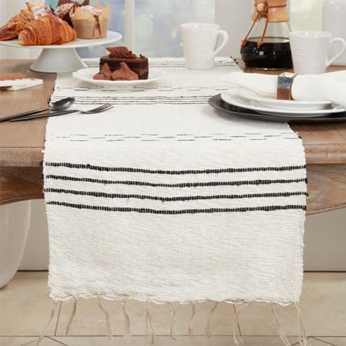 Striped Dash Table Runner with Fringe 16" W x 72" L - 100% Cotton Woven Natural Table Cover for Everyday Use, Dining Room, Banquets, Family Gatherings, Holidays and Home Décor