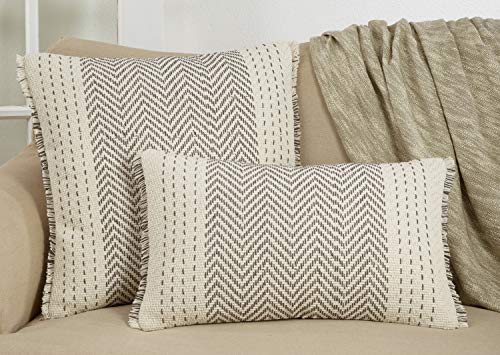 Modern Kantha Stitch Design 100% Cotton Decorative Throw Pillow Cover 14 x 23 Inch - Grey Cushion for Couch, Living Room and Bedroom Décor