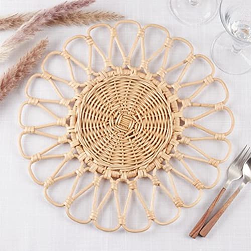 Fennco Styles Handwoven Floral Rattan Placemat 15" Round, 1- Piece - White Braided Table Mats Heat Resistant Insulation for Home, Boho Décor, Dining Table, Banquets, Special Events