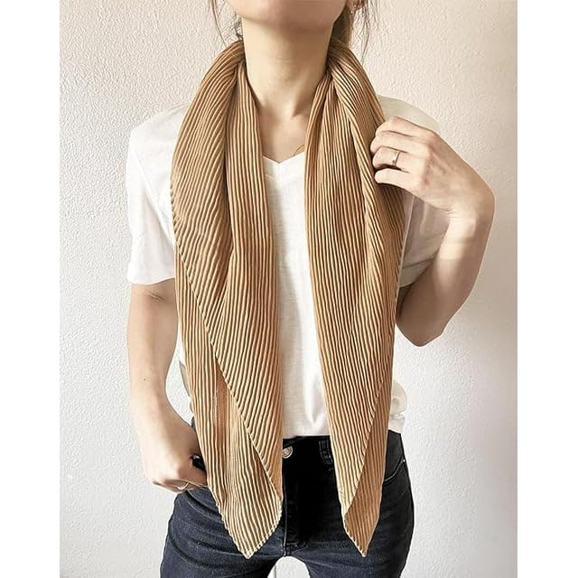 stylesilove Women Crinkle Pleated Square Scarf Solid Color Neckerchief Soft Bandana Small Shawl Neck Wraps for All Season