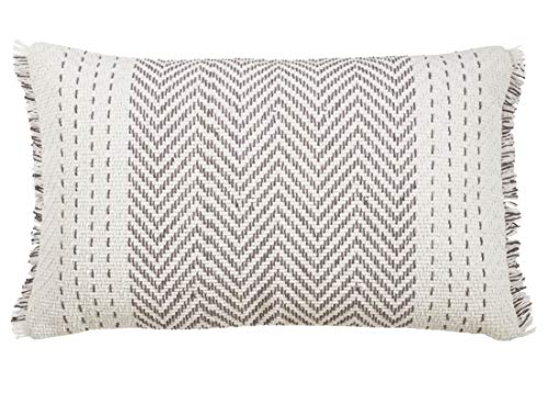 Modern Kantha Stitch Design 100% Cotton Decorative Throw Pillow Cover 14 x 23 Inch - Grey Cushion for Couch, Living Room and Bedroom Décor