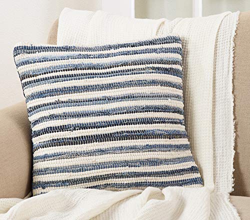 Gênes Collection Bohemian Tasseled Chindi 100% Pure Cotton 18 x 18 Inch Throw Pillow with Case & Insert – Denim Accent Pillow for Couch, Bedroom and Living Room Décor