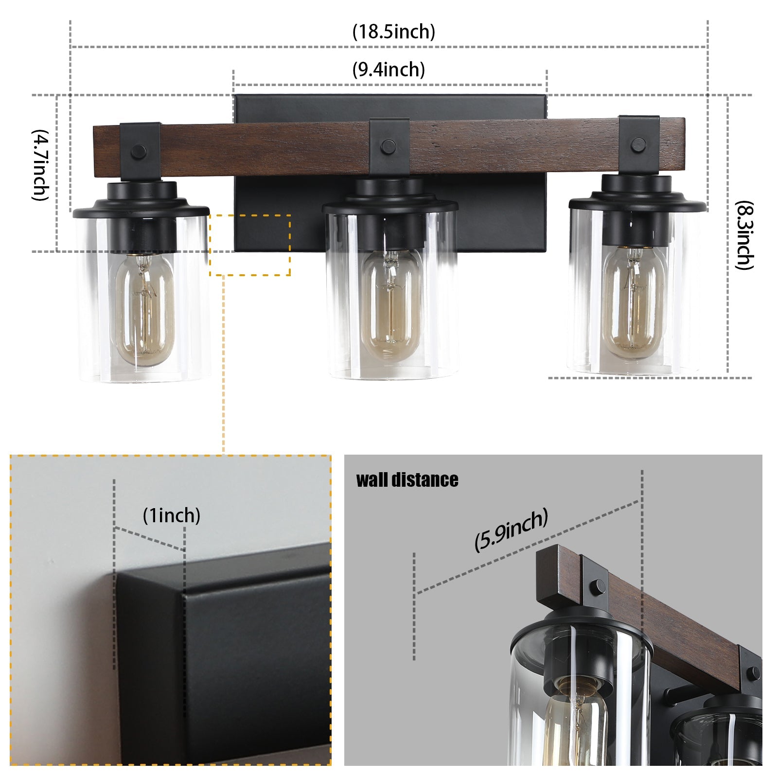 19" Rustic 3-Light Vanity Light, Industrial Bathroom Wall Sconce, Modern Farmhouse Lighting Fixture (No Bulbs)