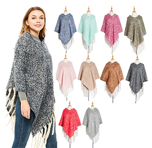 stylesilove Autumn Winter Women Solid Knitted V-Neck Pullover Fringe Poncho Sweater Lightweight Cape Cozy Wrap Tassel Shawl