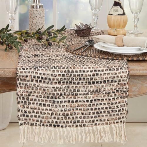 Fennco Styles Striped with Fringe Cotton Table Runner 16" W x 72" L - Natural Woven Table Cover for Home, Dining Room, Banquets, Family Gatherings and Special Occasions