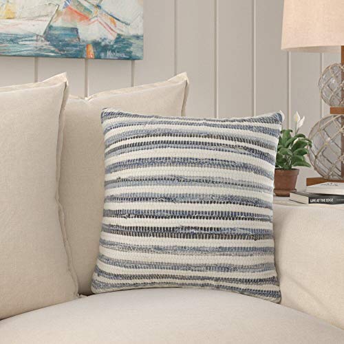 Gênes Collection Bohemian Tasseled Chindi 100% Pure Cotton 18 x 18 Inch Throw Pillow with Case & Insert – Denim Accent Pillow for Couch, Bedroom and Living Room Décor