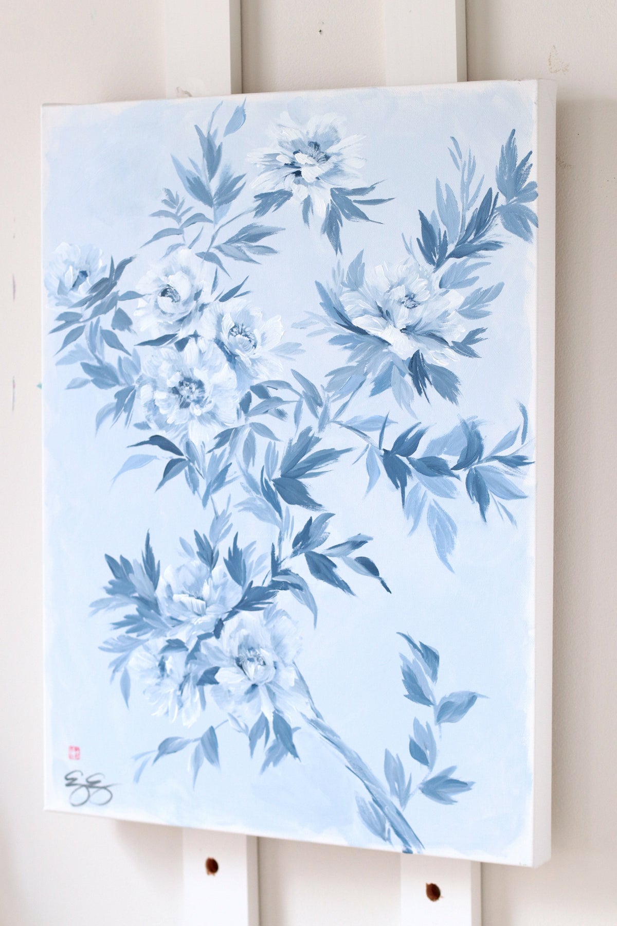 "Ida," Original chinoiserie painting of blue and white tree peonies (No. 532) - 18 x 24