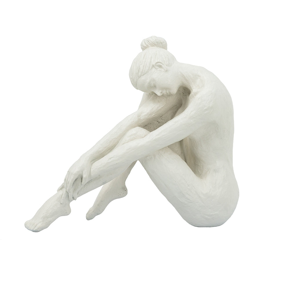 10.5x4.5x9' Seated Stone and Resin Woman Figurine with Smooth White Finish
