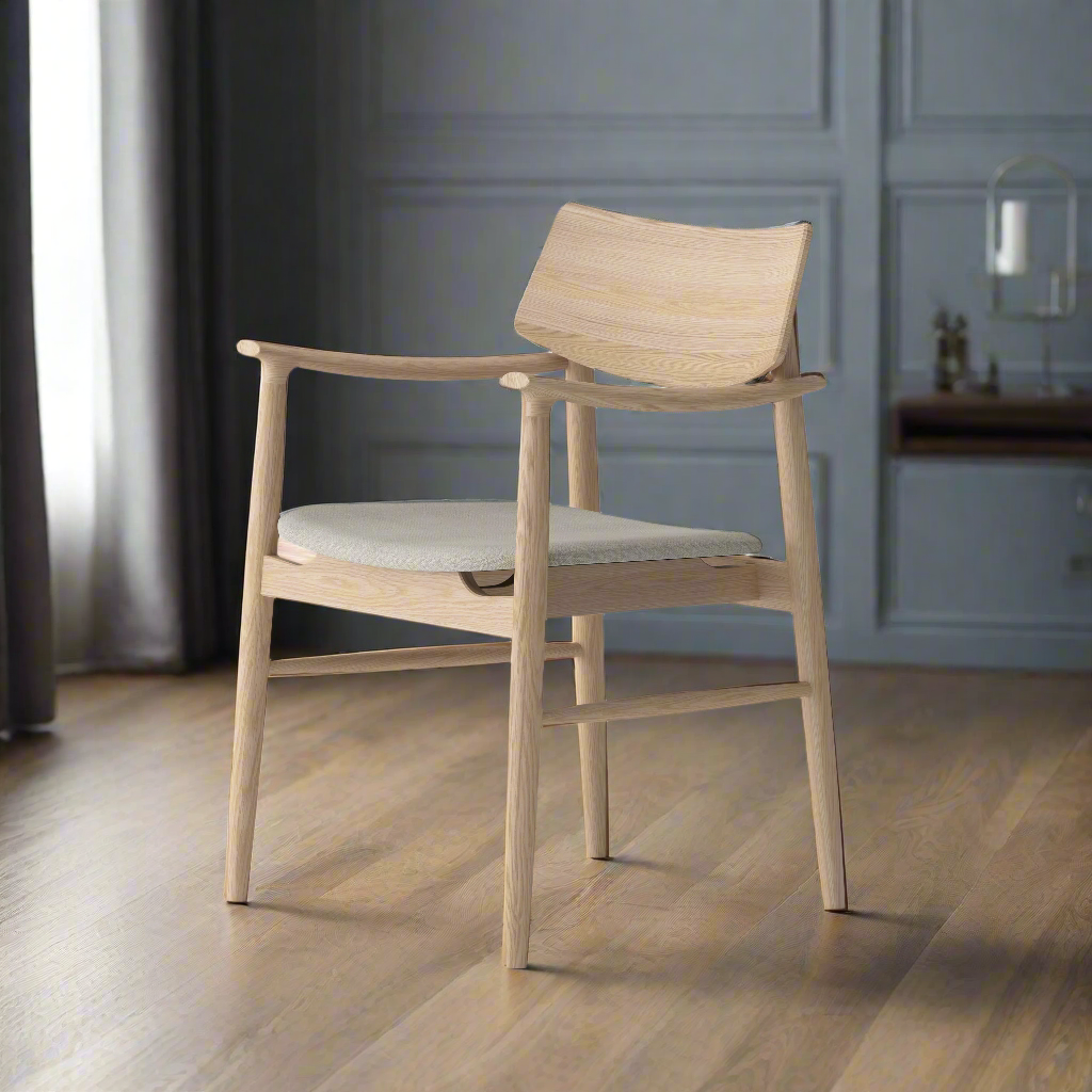 Isabella Mid Century Dining Arm chair - Solid Oak Wood and Fabric seat