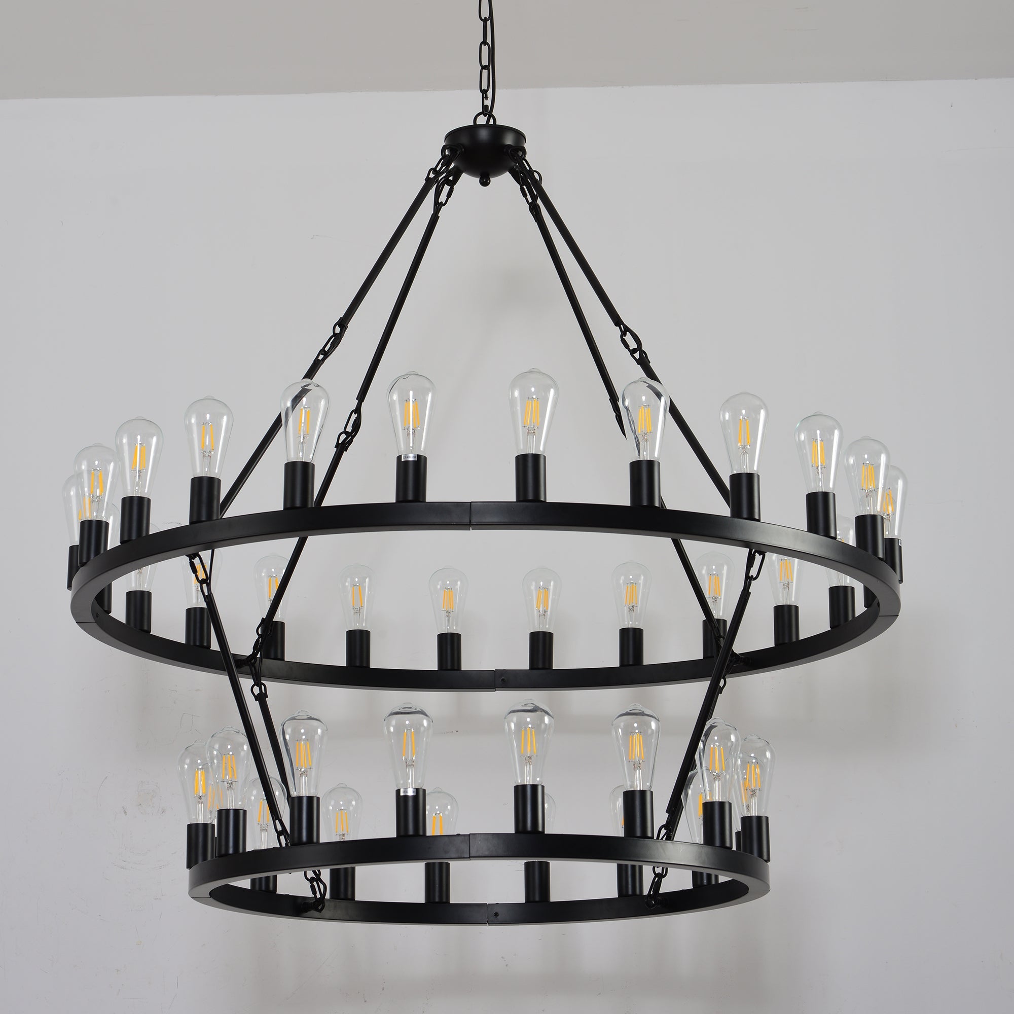 36-Lights 2-Level Matte Black Wagon Wheel Chandelier (24+12)