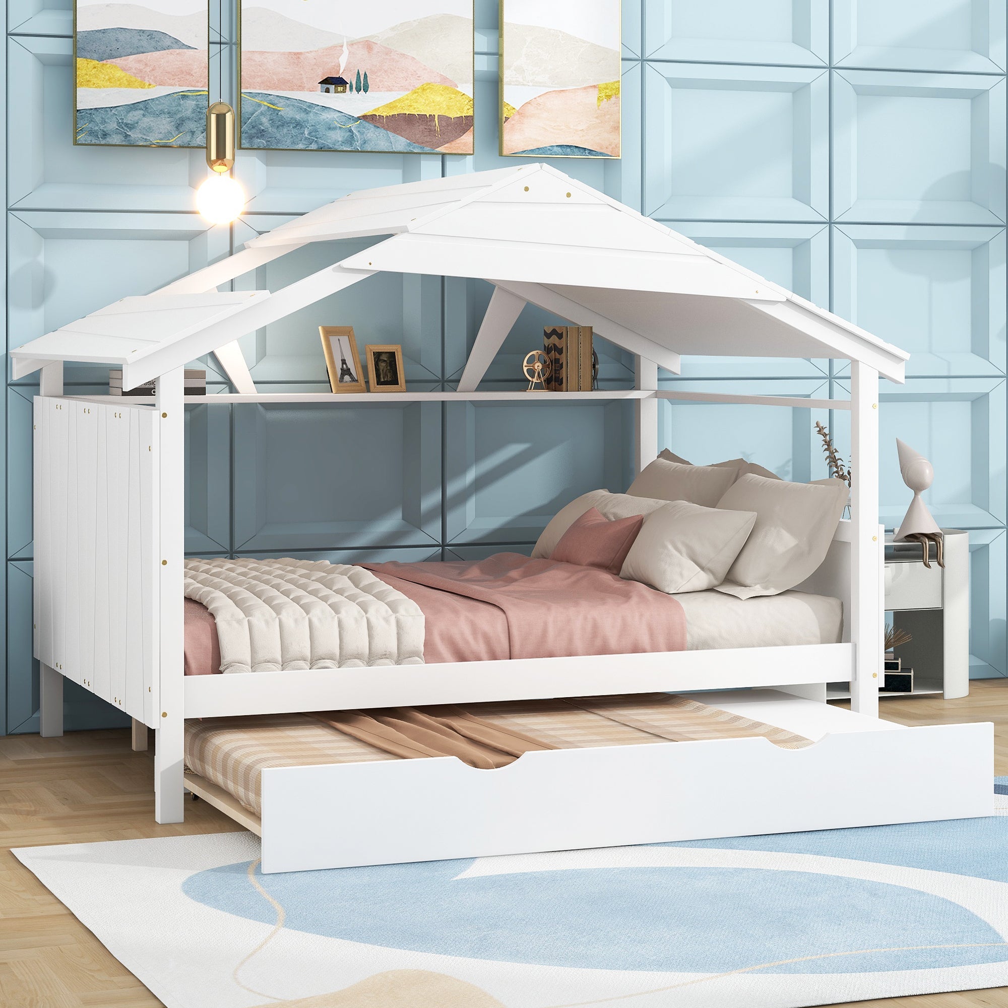 Wood Full Size House Bed with Twin Size Trundle and Storage White