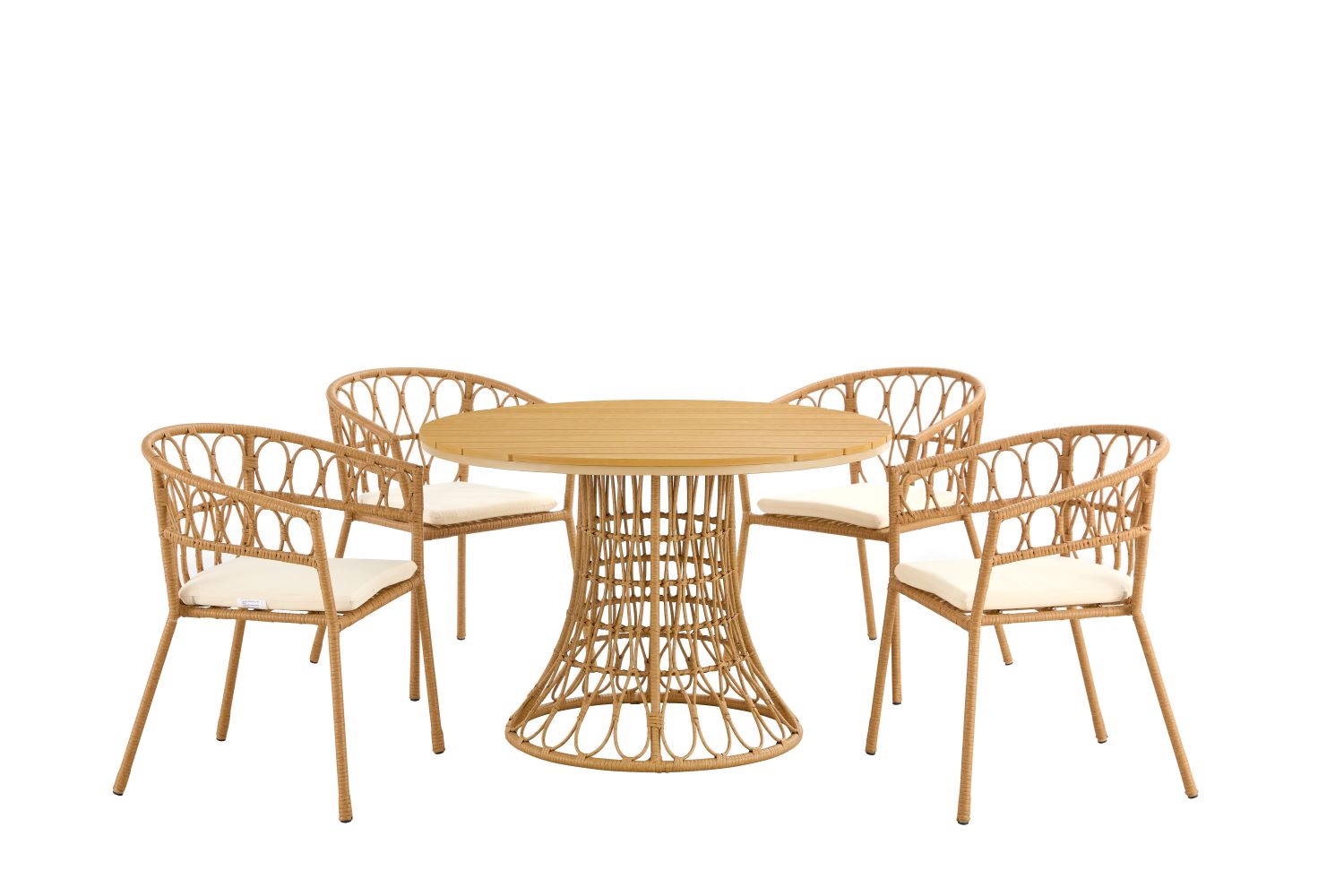 Outdoor dining set of 5 simple bamboo dinning table PE ratten round table 110CM plastic wood top