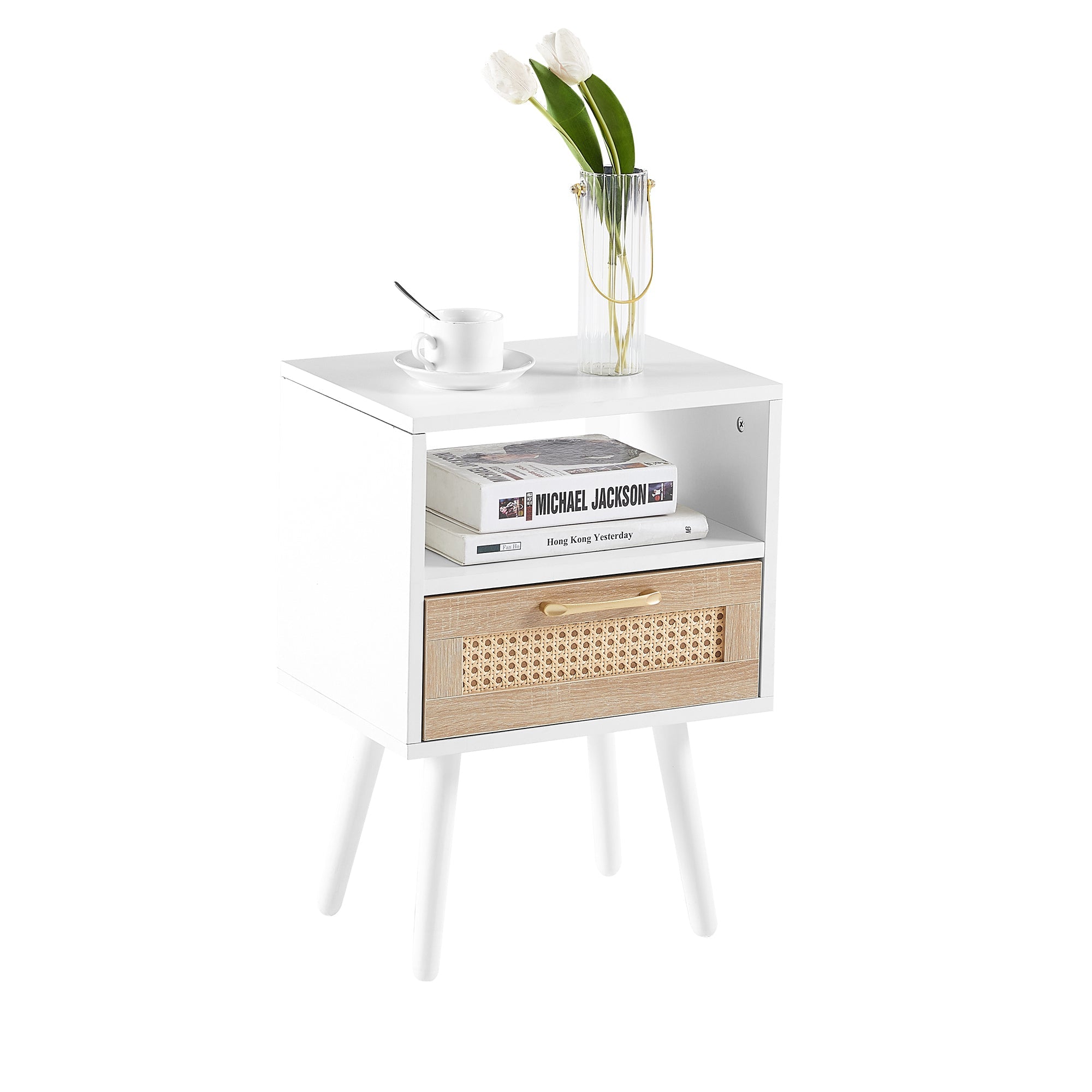 15.75" Rattan End table with drawer and solid wood legs Modern nightstand side table for living room white