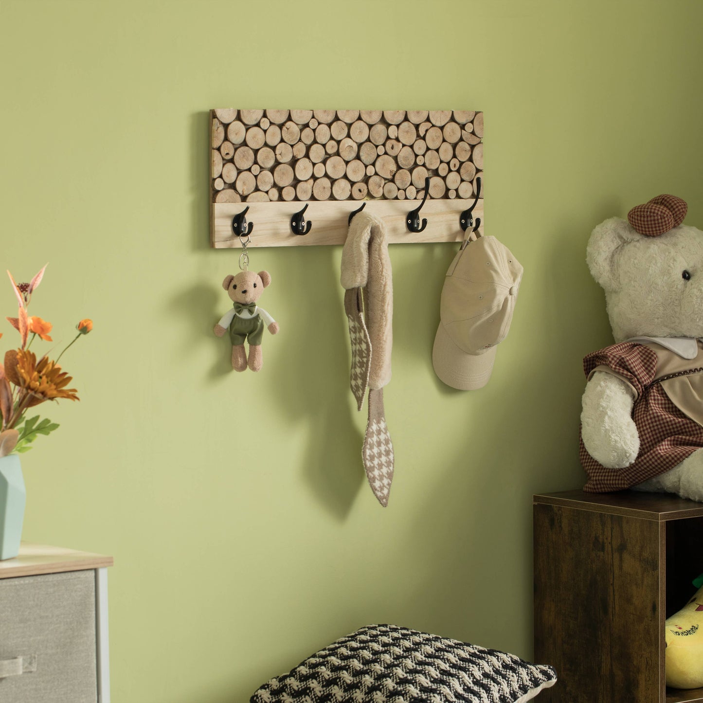 Natural Wood Hook Rack with Five Hooks for Entryway,