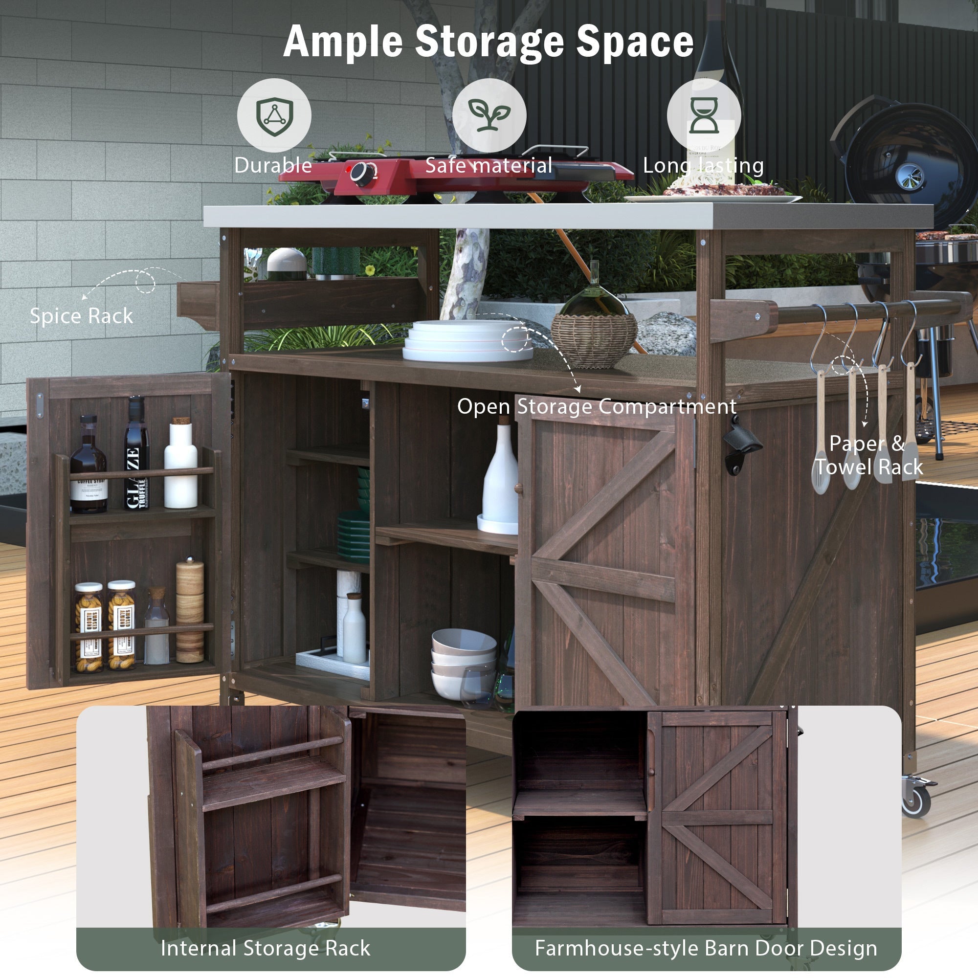 K&K Outdoor Kitchen Island, Rolling Bar Cart & Storage Cabinet
