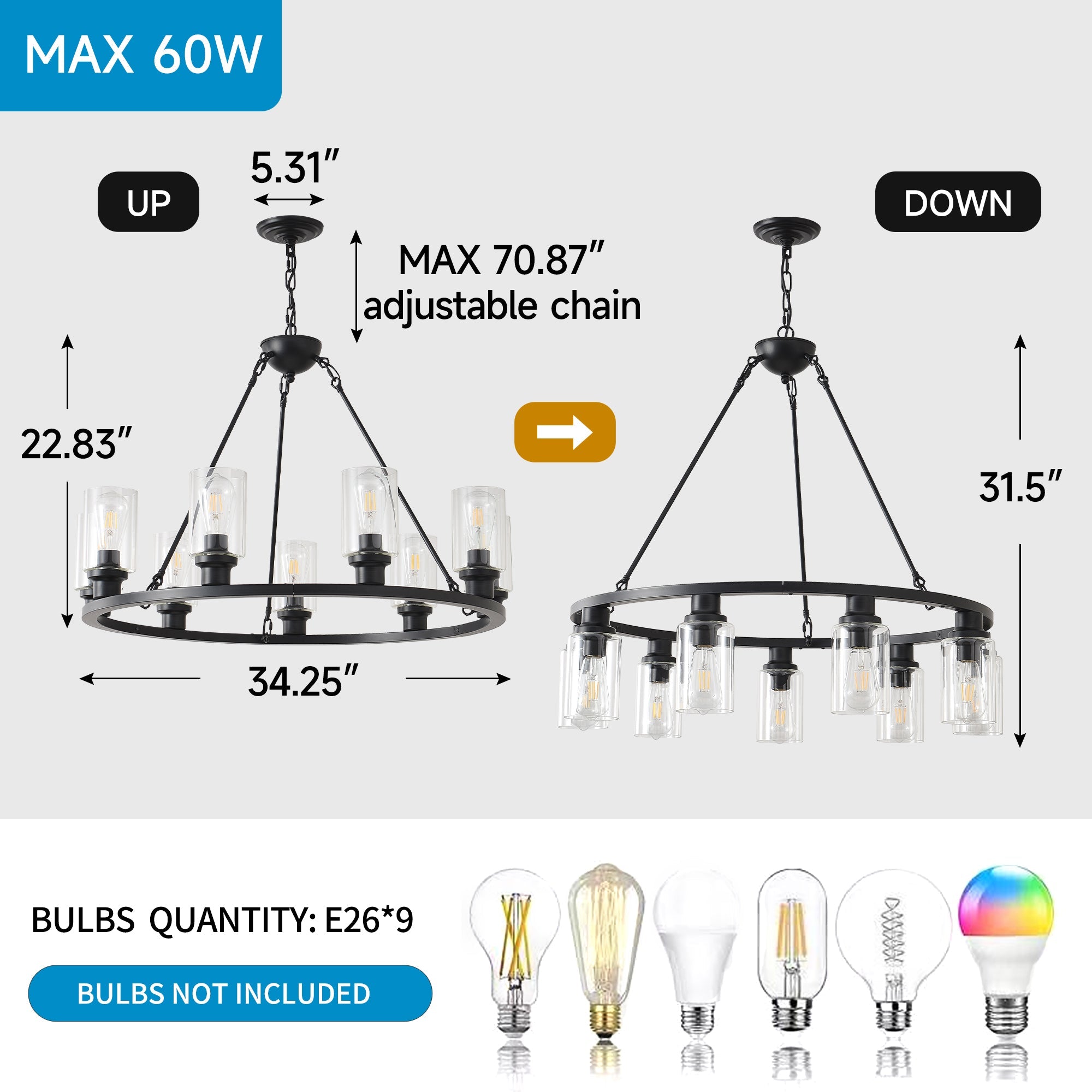 9-Light Black Wagon Wheel Chandelier