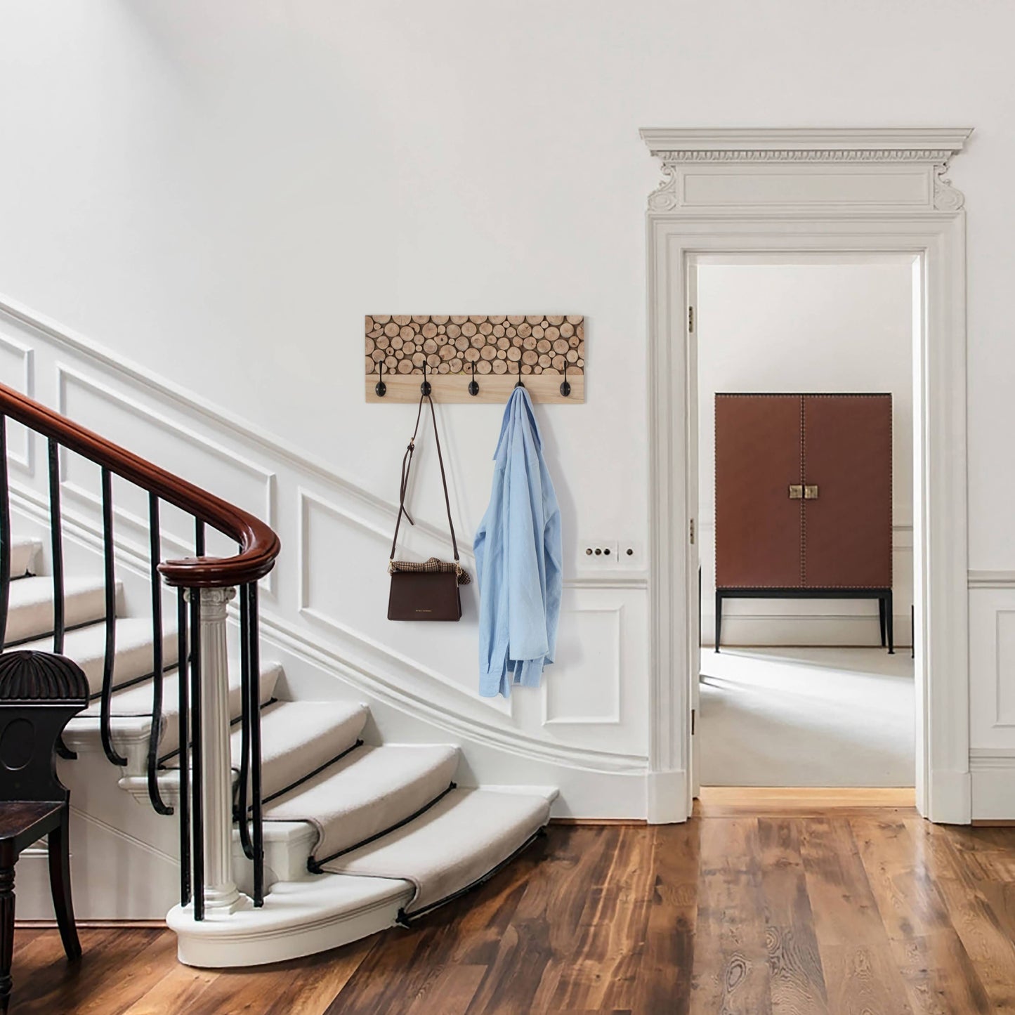 Natural Wood Hook Rack with Five Hooks for Entryway,