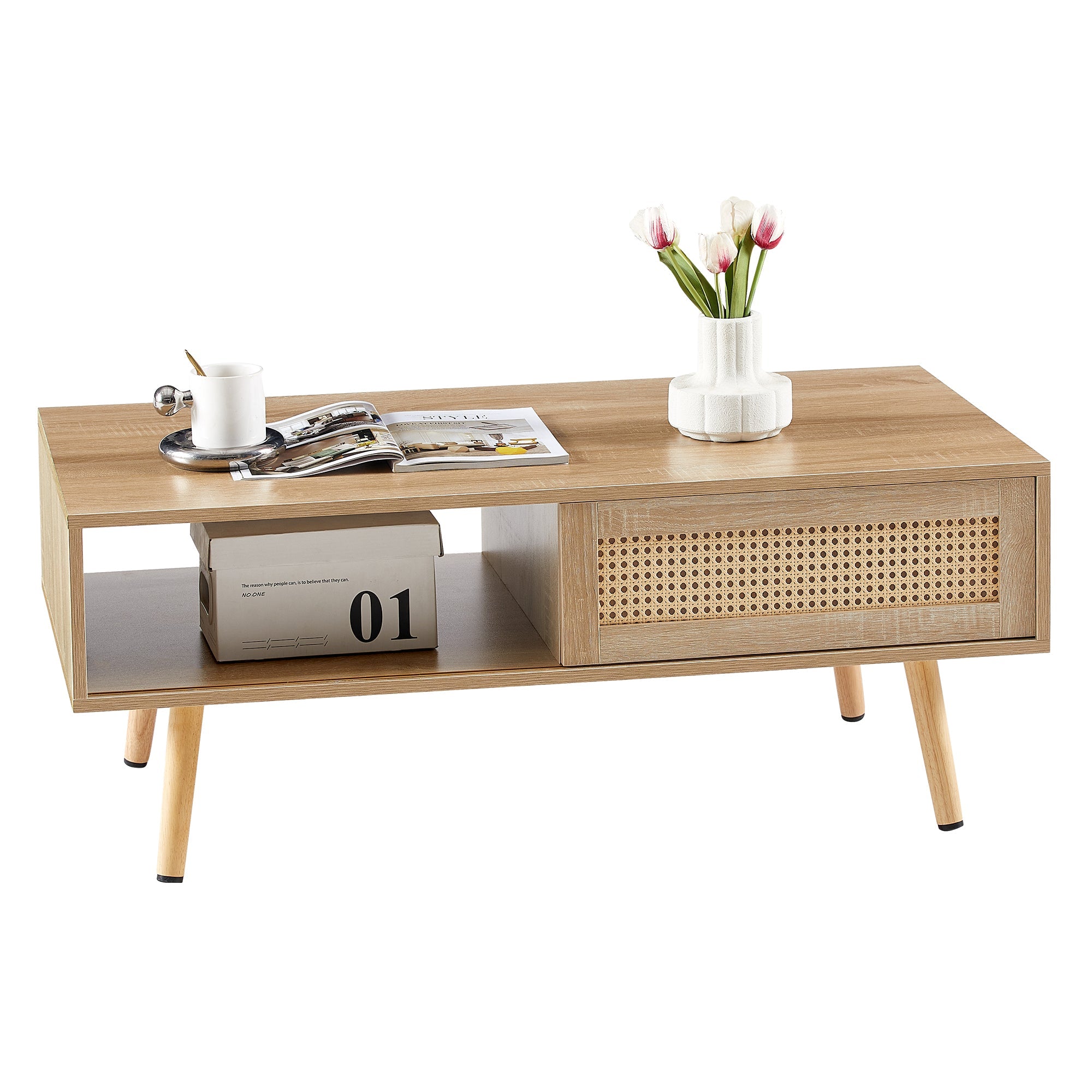 41.34" Rattan Coffee table sliding door for storage solid wood legs Modern table for living room natural