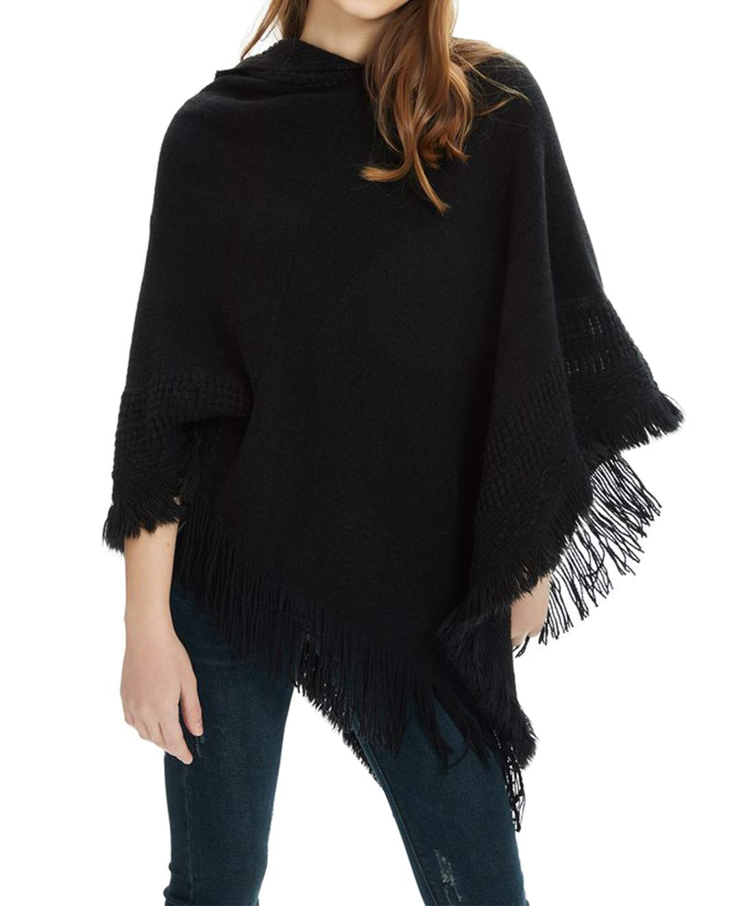 stylesilove Women Solid Knitted Hooded Poncho Crochet Pattern with Fringe Pullover Cardigan Soft Wrap for Fall Winter Seasons
