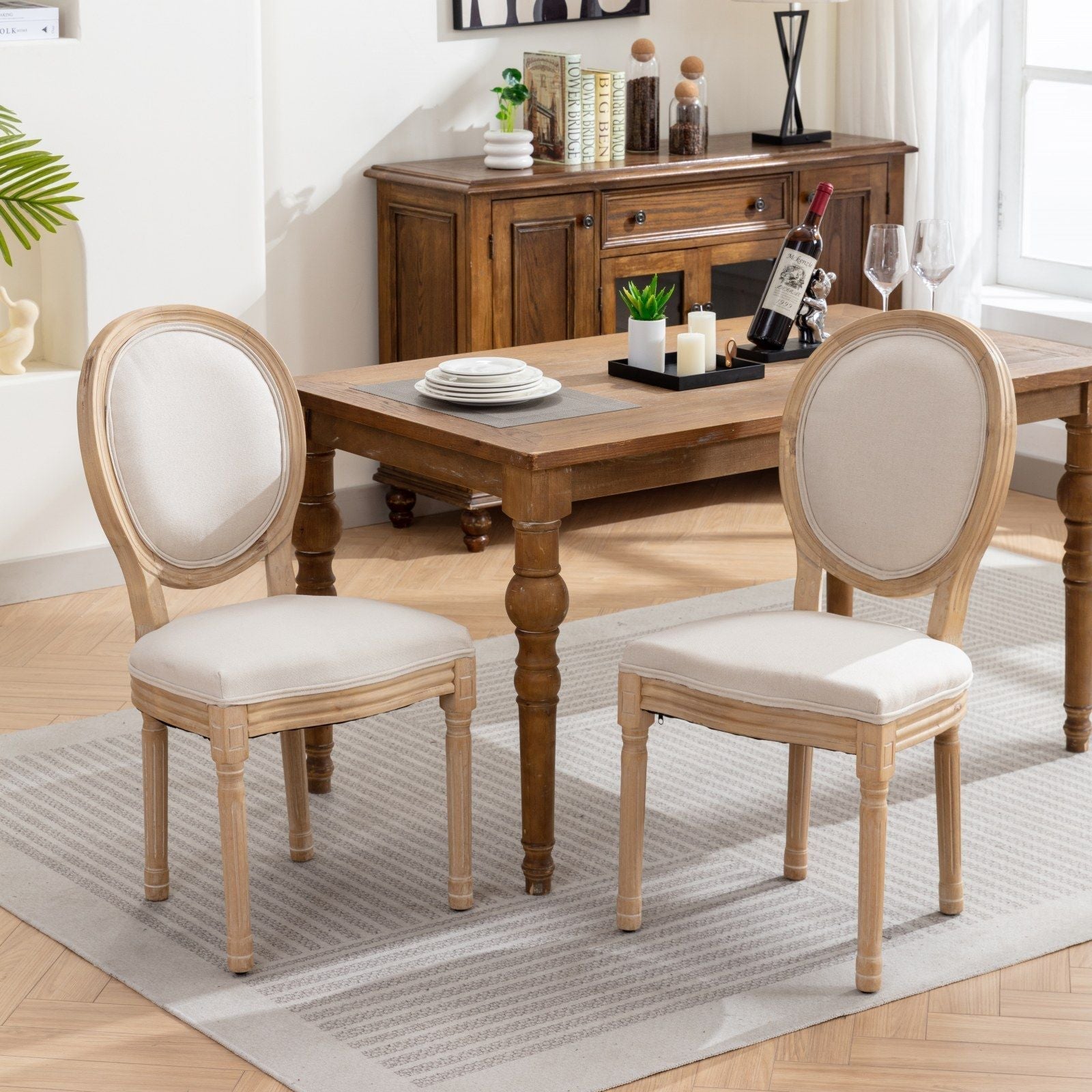 French Style Solid Wood Frame Antique Painting Fabric Back Dining Chair (Set of 2)