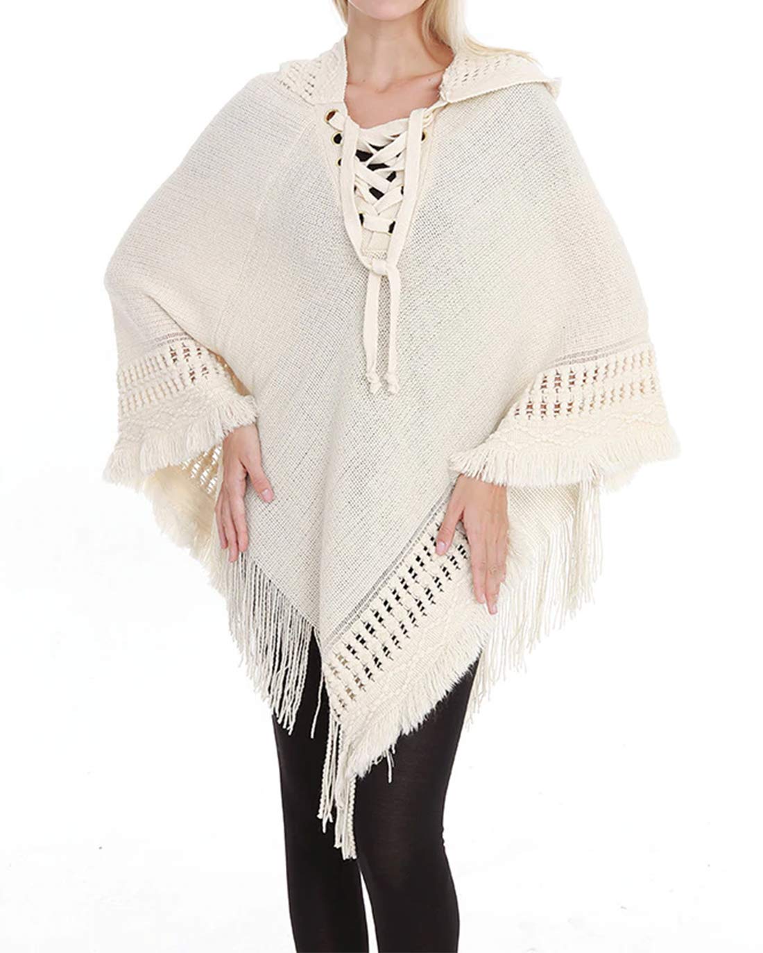 Styles I Love Women Fringed Lace Up Hooded Poncho Pullover Cardigan Soft Wrap for Winter Season