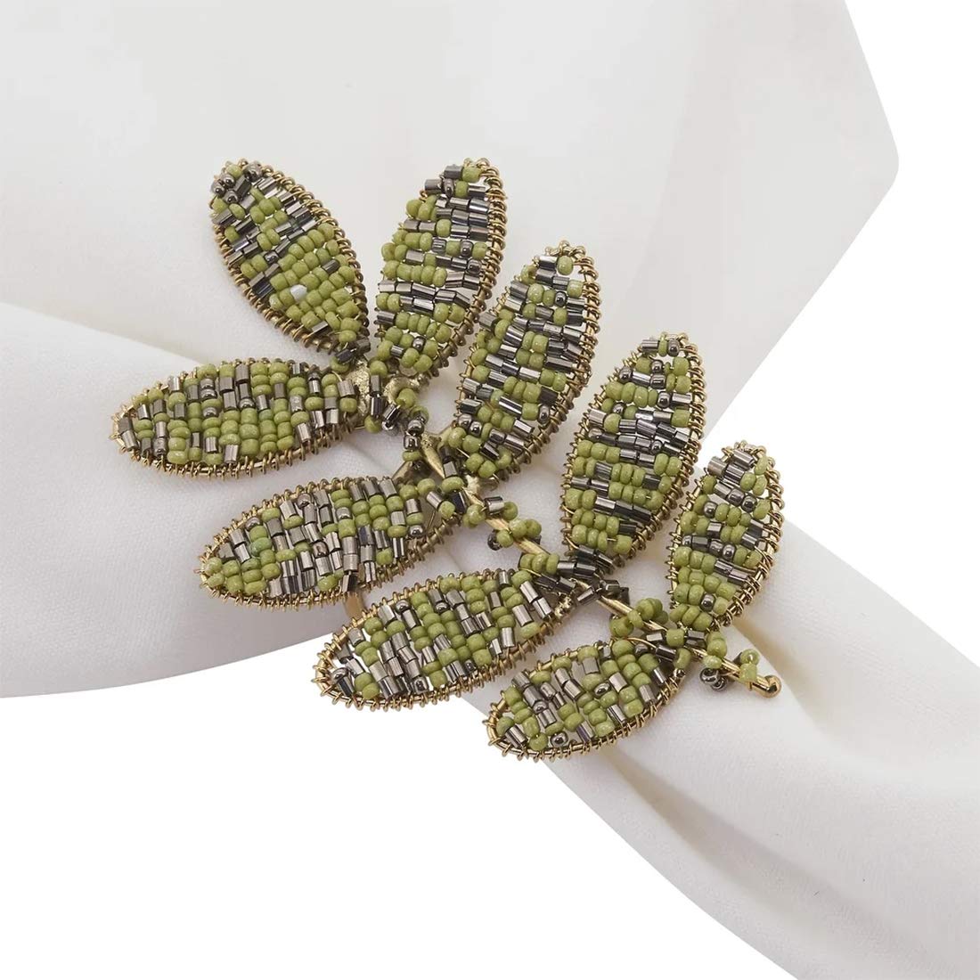 Fennco Styles Hand Beaded Leaf Decorative Napkin Rings, Set of 4 - Green Napkin Holders for Home, Dining Room, Banquet, Family Gathering, Holiday Décor and Special Occasion