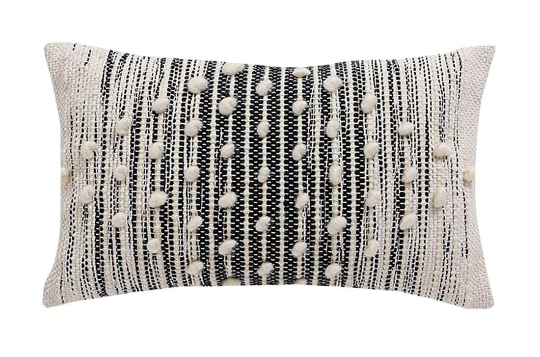 Fennco Styles Handwoven Striped Pom Pom Cotton Wool Decorative Throw Pillow 18" W x 18" L - Black & White Textured Cushion for Home, Couch, Bedroom, Living Room and Office Décor