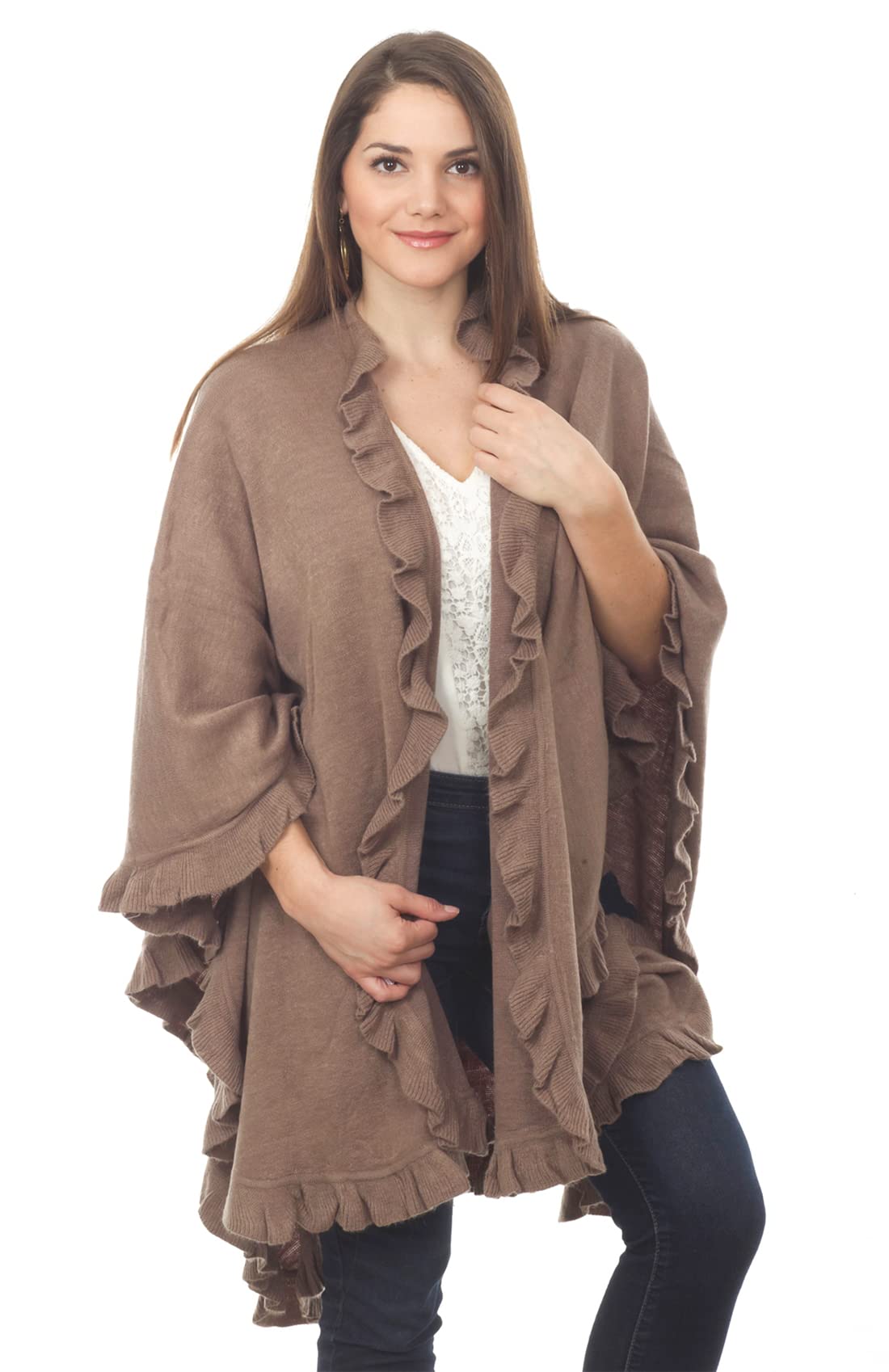 Fennco Styles Women's Ruffle Trim Knit Open Front Poncho Cape Shawl - Fall Wrap Jacket, Cozy and Stylish Layering Piece