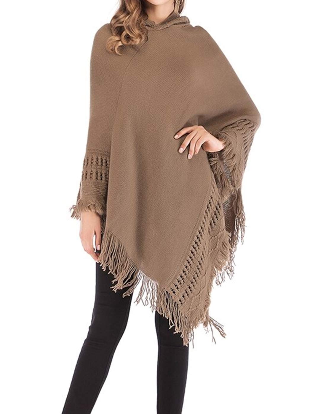 stylesilove Women Solid Knitted Hooded Poncho Crochet Pattern with Fringe Pullover Cardigan Soft Wrap for Fall Winter Seasons