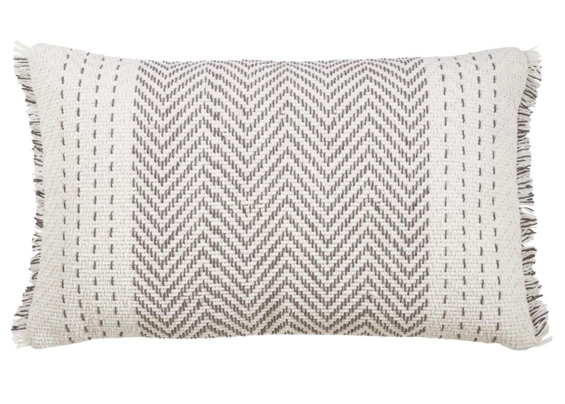 Modern Kantha Stitch Design 100% Cotton Decorative Throw Pillow Cover 14 x 23 Inch - Grey Cushion for Couch, Living Room and Bedroom Décor
