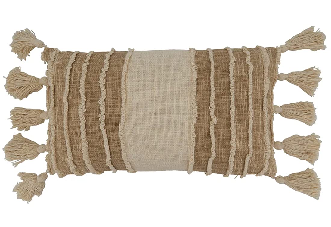 Fennco Styles Striped Tassel Design Cotton Decorative Throw Pillow 12" W x 20" L – Ivory Fringe Cushion for Home, Couch, Bedroom, Living Room and Office Décor