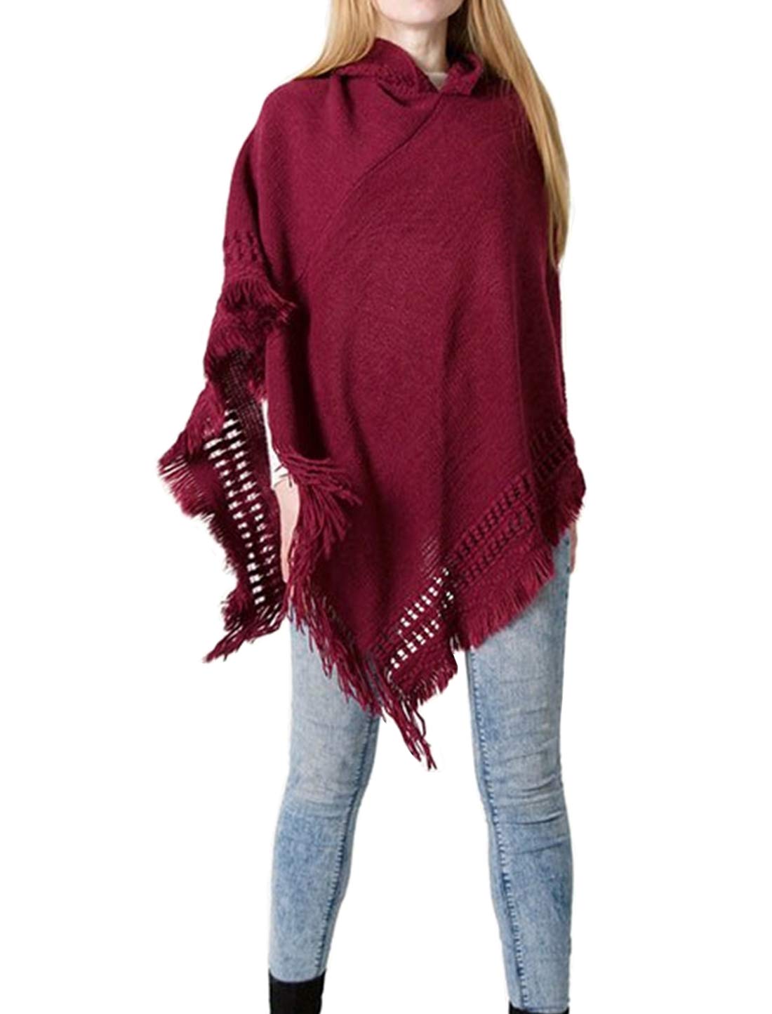 stylesilove Women Solid Knitted Hooded Poncho Crochet Pattern with Fringe Pullover Cardigan Soft Wrap for Fall Winter Seasons