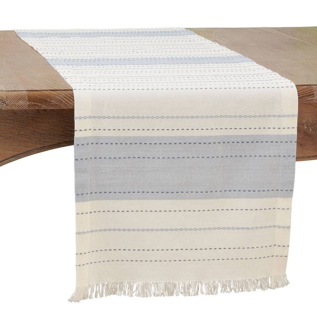 Fennco Styles Dobby Striped Cotton Fringe Table Runner 14" W x 72" L - Blue Line Design Table Cover for Home Décor, Holiday, Banquet, Family Gathering and Special Occasion