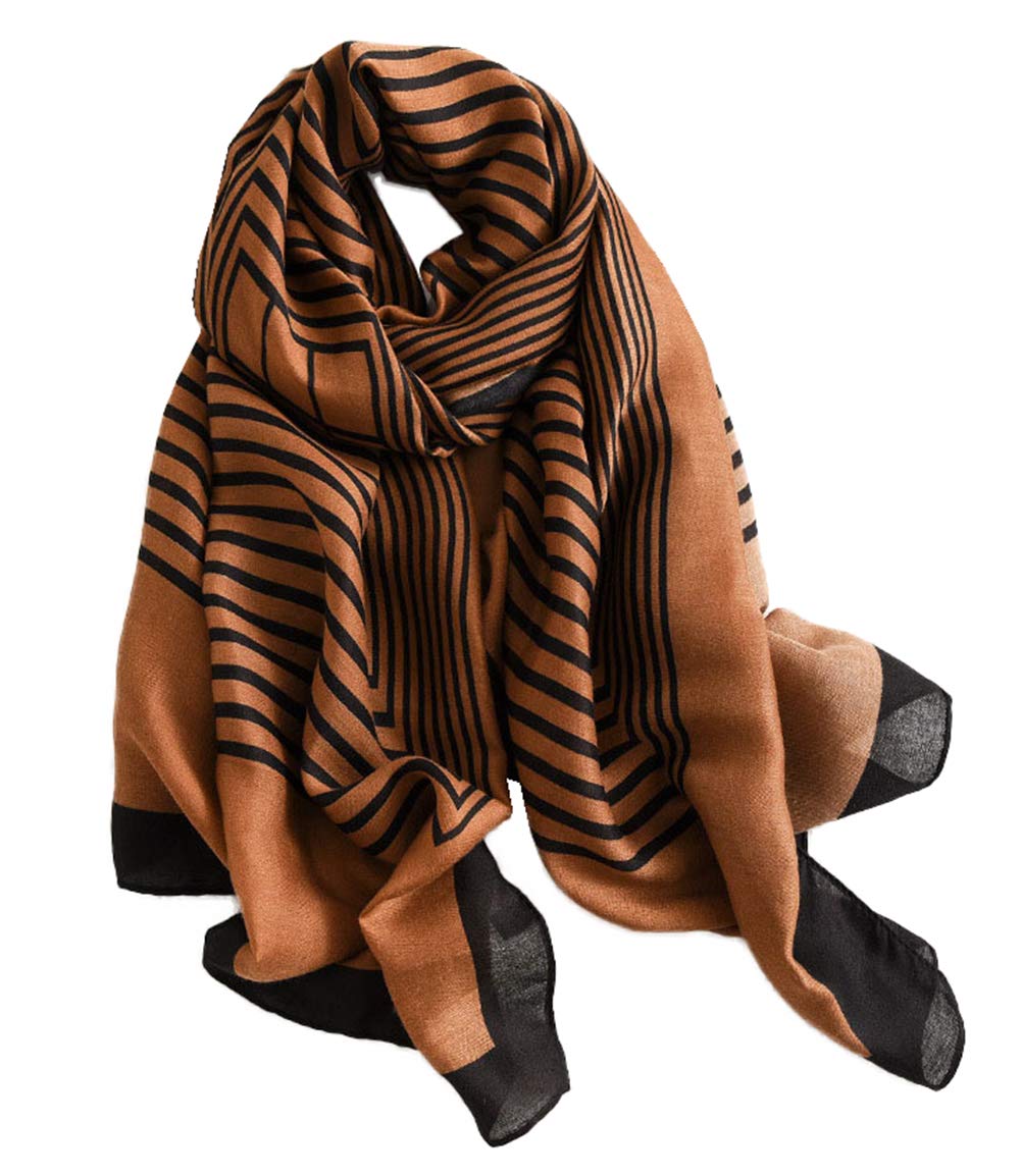 stylesilove Women Girls Elegant Striped Print Oblong Cotton Linen Scarf Lightweight Autumn Wrap Shawl
