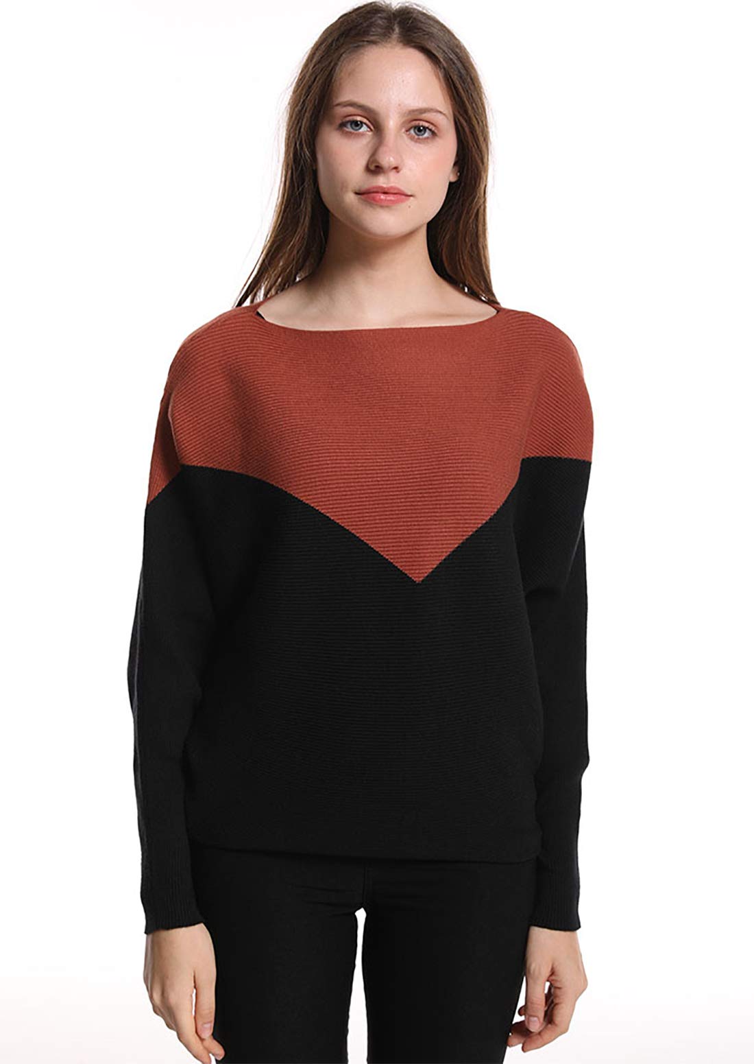 Styles I Love Women Autumn Winter Two-Tone Boat Neck Batwing Sleeve Pullover Knitted Sweater Long Sleeve Loose Top