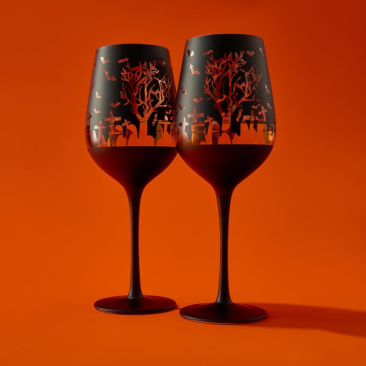 Crystal Halloween Stemmed Wine Glasses Set Of 2 Themed Vibrant Black Gold Etched Spooky Graveyard Pa