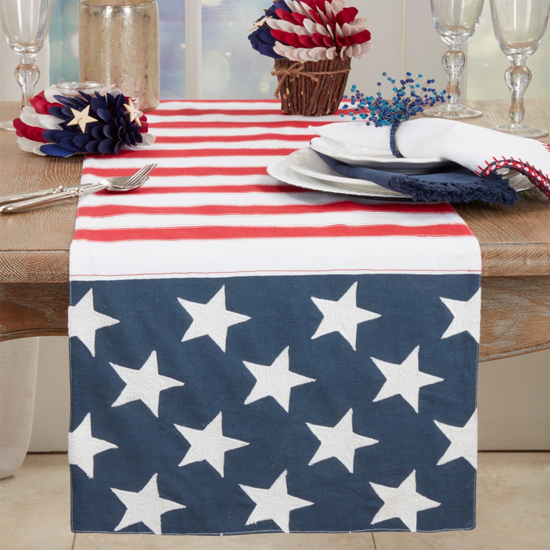 Fennco Styles Multicolor American Flag Design Cotton Table Runner 16" W x 72" L - Classic Stripe Star Patriotic Table Cover for Home Décor, Dinner Parties, 4th of July, National Holidays