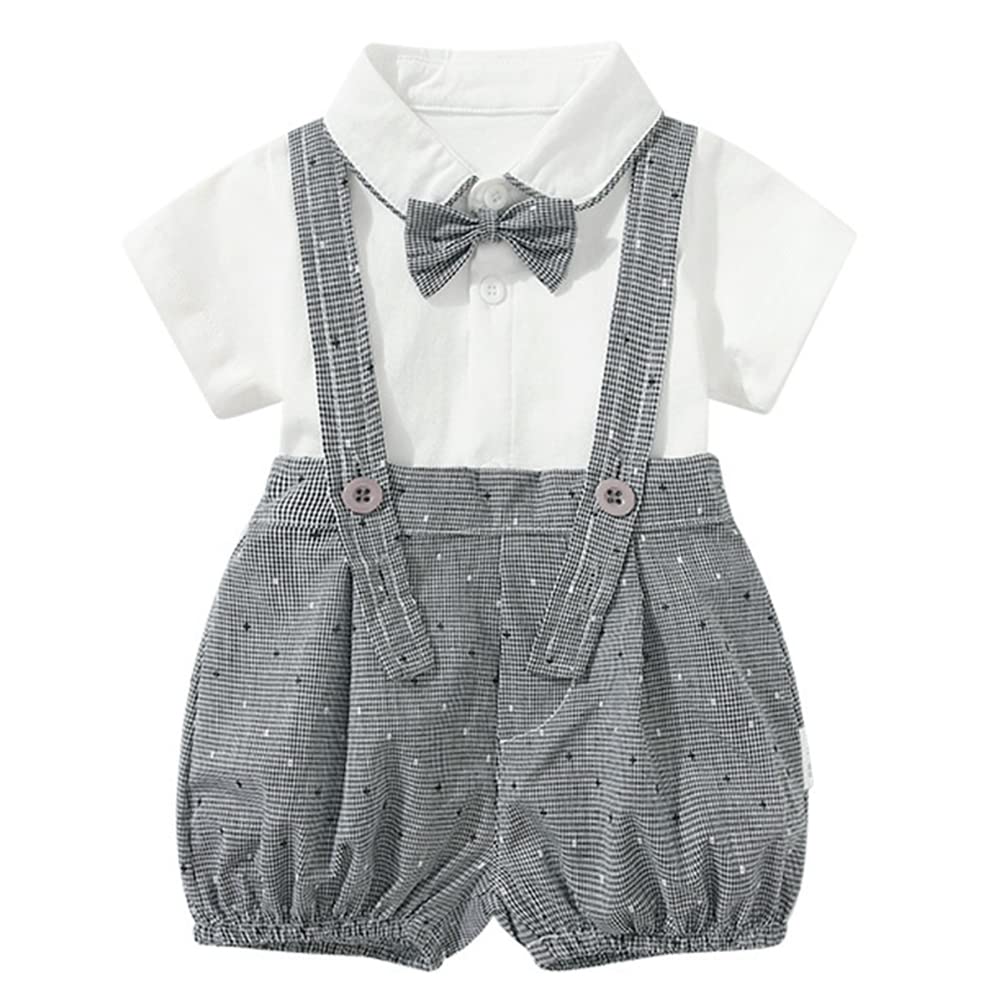 stylesilove Baby Boys Short Sleeve Collared Bodysuit and Suspender Shorts, Bowtie 3pcs Gentleman Set Cotton Overalls Outfit